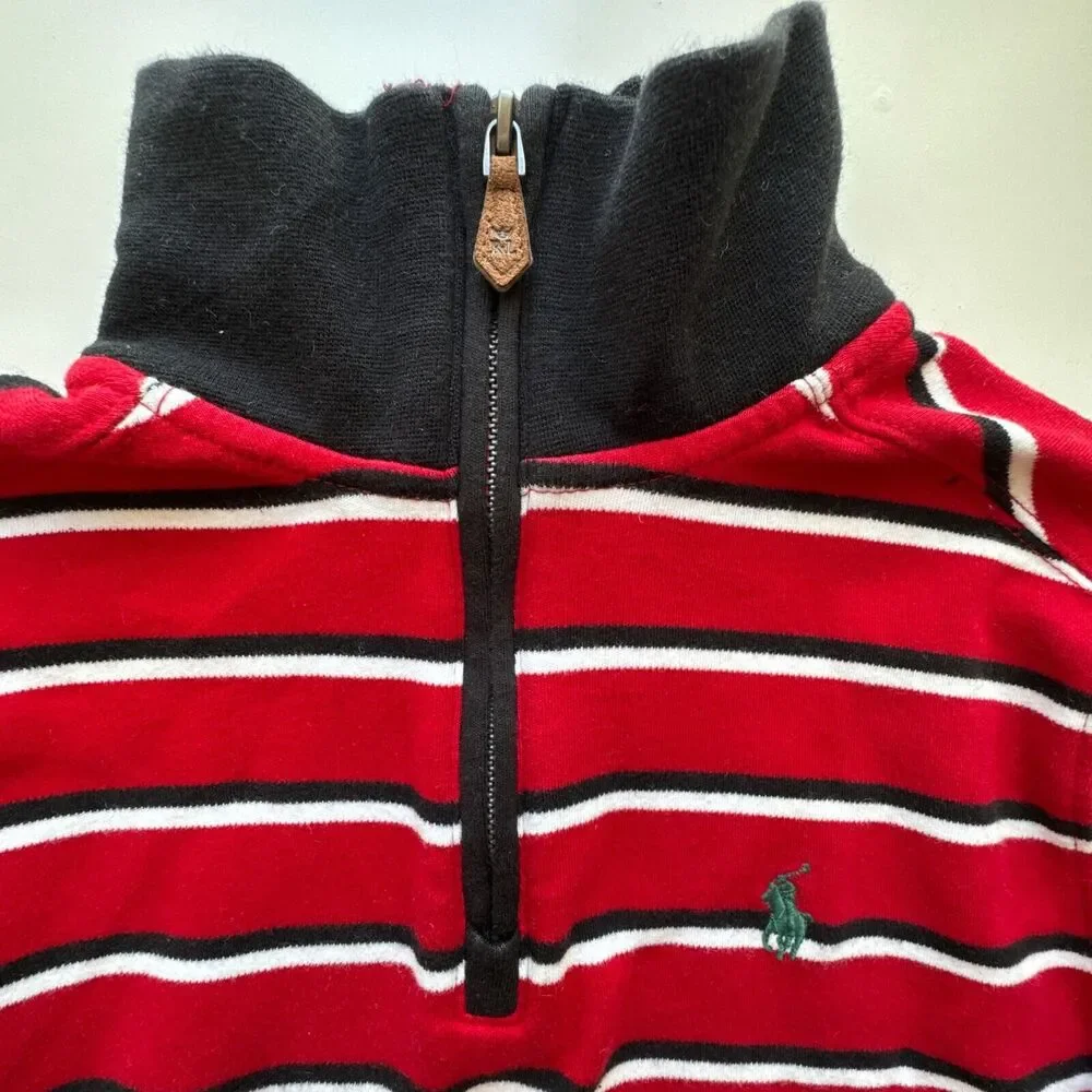 Polo Ralph Lauren Sweater Boys Medium 10-12 Red Black Stripe 1/4 Zip Pullover